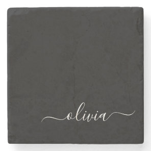 Black White Modern Minimalist Elegant Monogram Stone Coaster