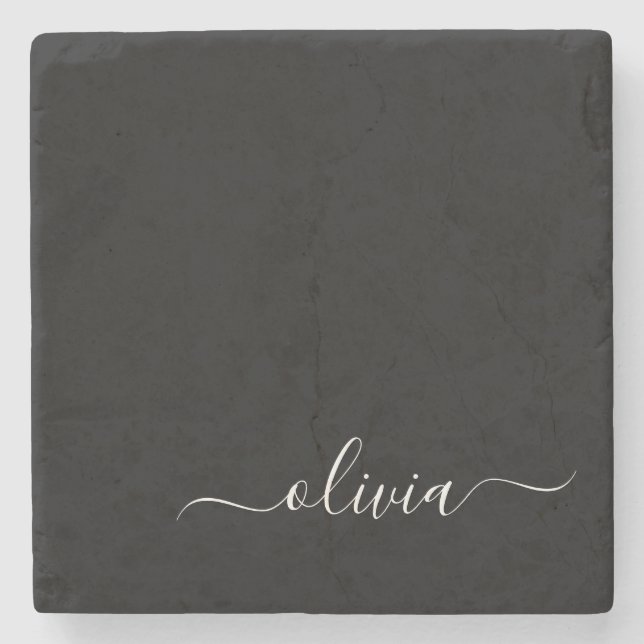 Black White Modern Minimalist Elegant Monogram Stone Coaster (Front)