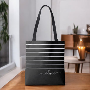 Black White Modern Minimalist Elegant Monogram Tote Bag