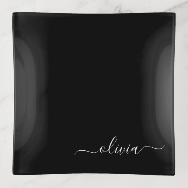 Black White Modern Minimalist Elegant Monogram Trinket Tray (Front)