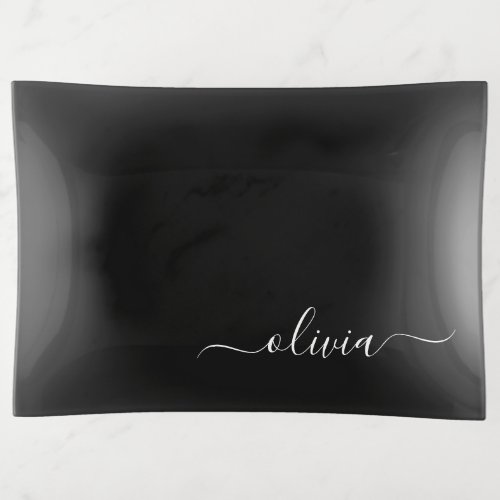 Black White Modern Minimalist Elegant Monogram Trinket Tray