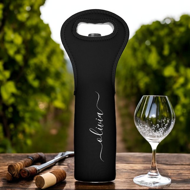 Black White Modern Minimalist Elegant Monogram Wine Bag (Creator Uploaded)
