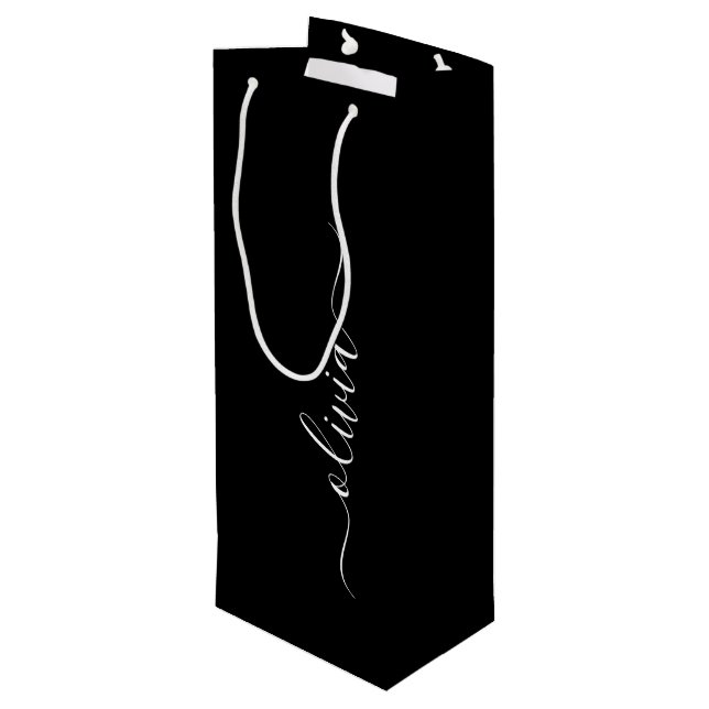 Black White Modern Minimalist Elegant Monogram Wine Gift Bag (Back Angled)