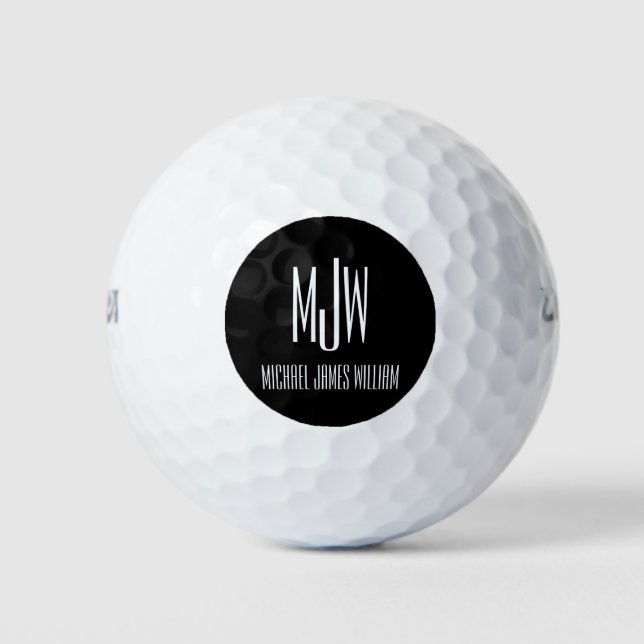 Black white Modern Monogram Name Custom Golf Balls (Front)