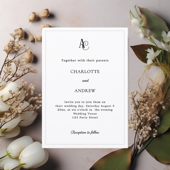 Black white modern monogram simple wedding invitation (Creator Uploaded)