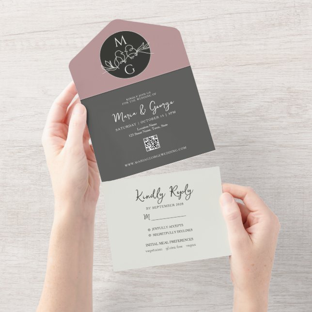 Black White Modern Monogram Wedding All In One Invitation (Tearaway)