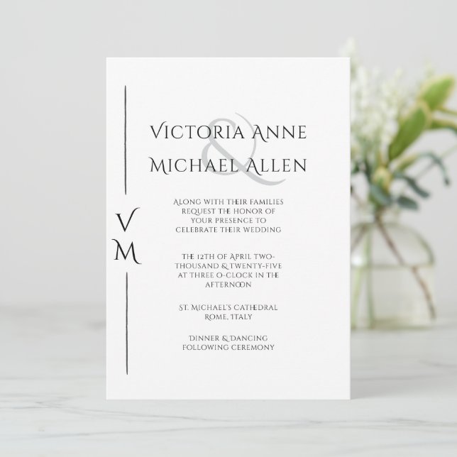 Black & White Modern Monogram Wedding Invitation (Standing Front)