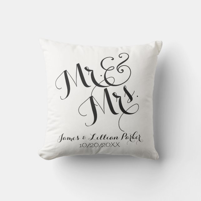 Black White Modern Mr. and Mrs. Monogram Wedding Throw Pillow (Front)