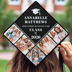 Black White Modern Multi Photo Graduation Cap Topper
