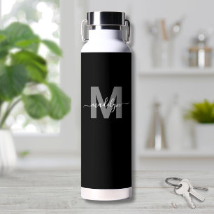 Black White Modern Name Monogram Water Bottle