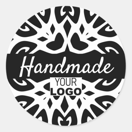 Black White Modern Ornament Mandala Handmade Logo Classic Round Sticker