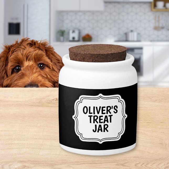Black & White Modern Personalized  Dog Treats Jar  (CUTE BLACK & WHITE CUSTOM DOG TREAT JAR, IN SIMPLE MODERN DESIGN.)