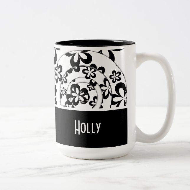 Black & White Modern Personalized, Rings & Flowers Two-Tone Coffee Mug (Right)