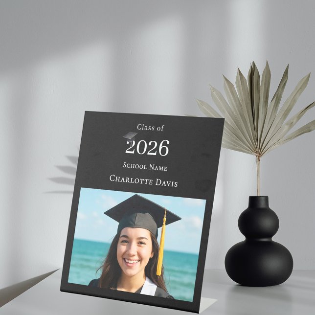 Black white modern photo Graduation party welcome Pedestal Sign (Creator Uploaded)