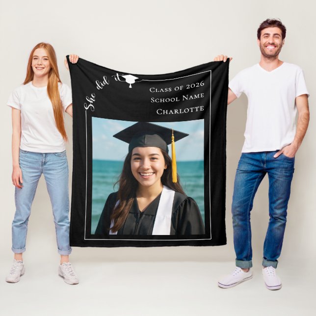 Black white modern photo Graduation she did it Fleece Blanket (In Situ)