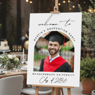 Black White Modern Photo Graduation Welcome Sign