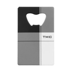 Black White Modern Plaid Initials Handsome Chic Credit Card Bottle Opener