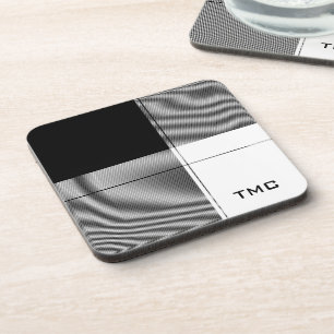 Black White Modern Plaid INITIALS Preppy Chic Beverage Coaster