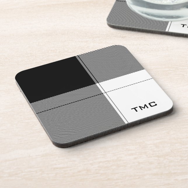Black White Modern Plaid INITIALS Preppy Chic Beverage Coaster (Left Side)