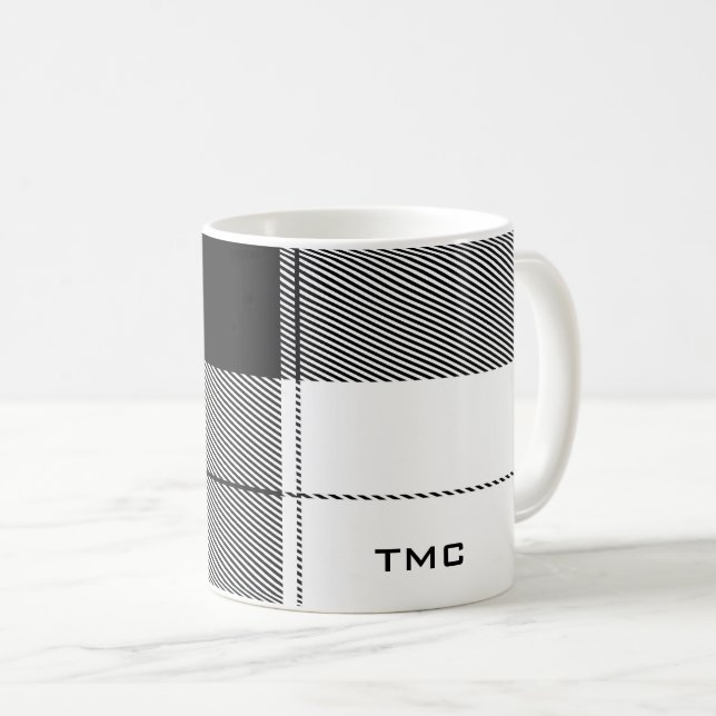 Black White Modern Plaid Initials Preppy Chic Coffee Mug (Front Right)