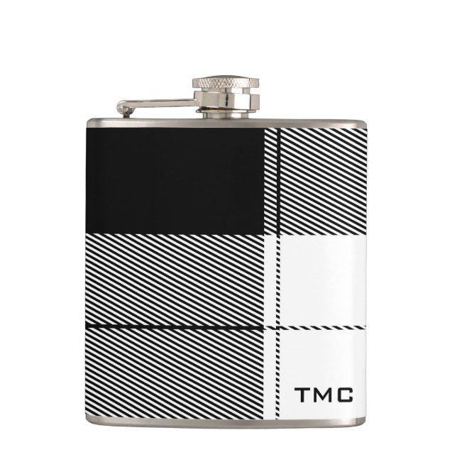 Black White Modern Plaid Initials Preppy Chic Flask (Front)