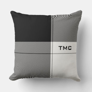 Black White Modern Plaid Initials Preppy Chic Throw Pillow