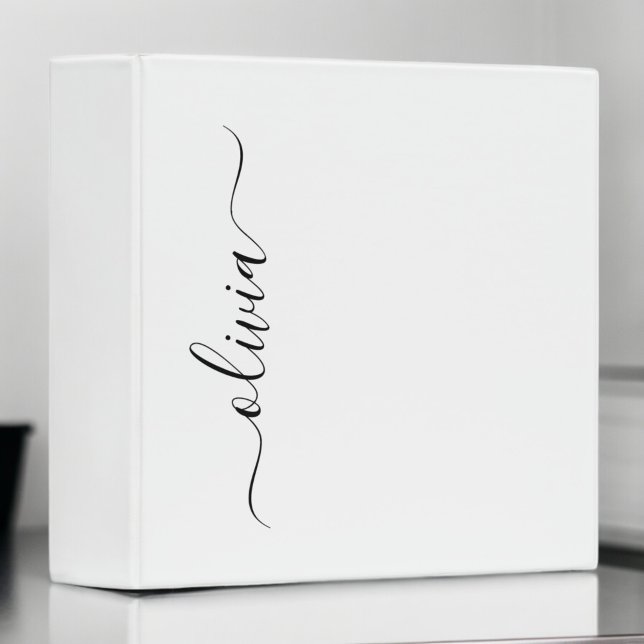Black White Modern Script Girly Monogram Name 3 Ring Binder (Creator Uploaded)