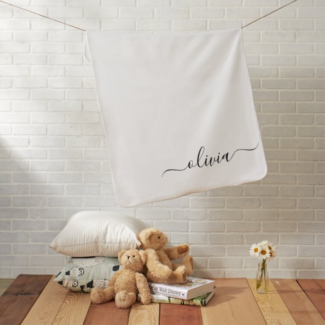 Black White Modern Script Girly Monogram Name Baby Blanket (In Situ)