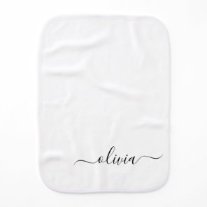 Black White Modern Script Girly Monogram Name Baby Burp Cloth