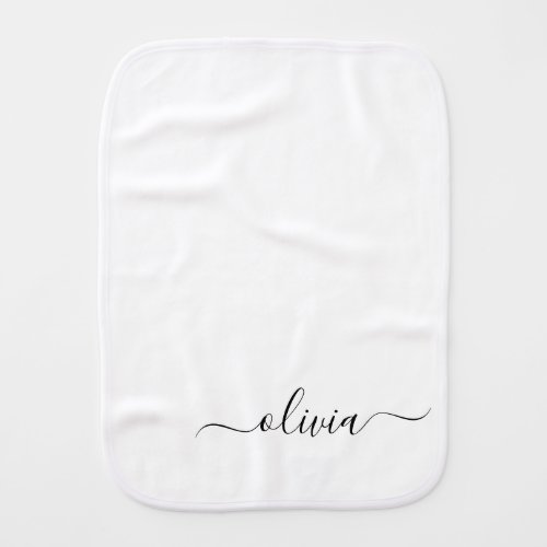 Black White Modern Script Girly Monogram Name Baby Burp Cloth