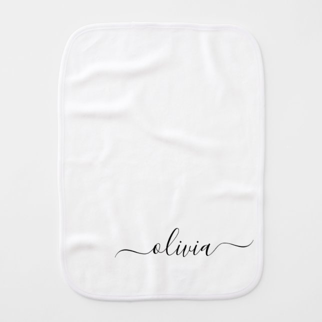 Black White Modern Script Girly Monogram Name Baby Burp Cloth (Front)