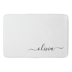Black White Modern Script Girly Monogram Name Bath Mat