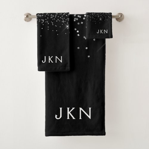 Black White Modern Script Girly Monogram Name Bath Towel Set