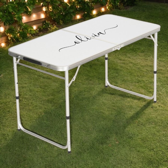 Black White Modern Script Girly Monogram Name Beer Pong Table (Creator Uploaded)