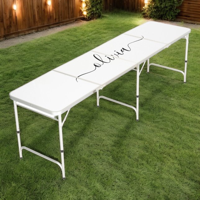 Black White Modern Script Girly Monogram Name Beer Pong Table (Creator Uploaded)