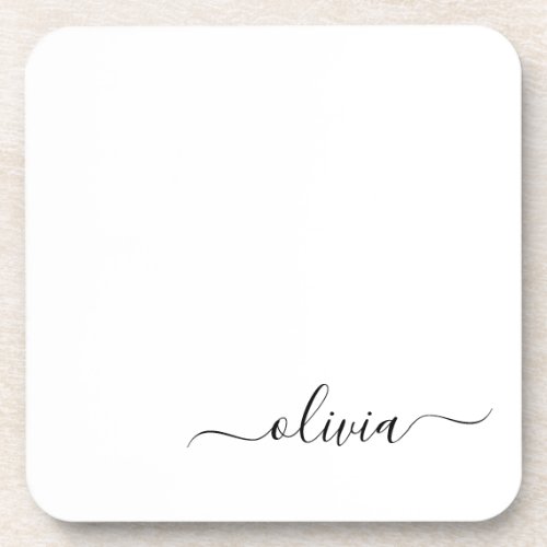 Black White Modern Script Girly Monogram Name Beverage Coaster