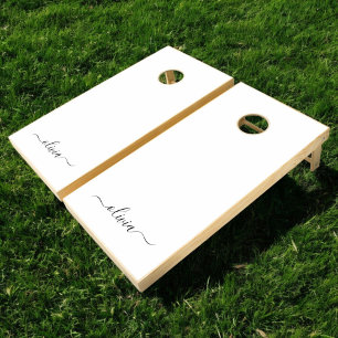 Black White Modern Script Girly Monogram Name Cornhole Set