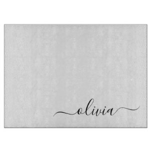 Black White Modern Script Girly Monogram Name Cutting Board
