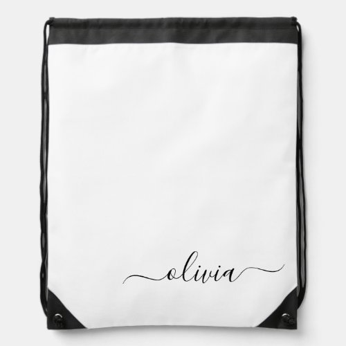 Black White Modern Script Girly Monogram Name Drawstring Bag