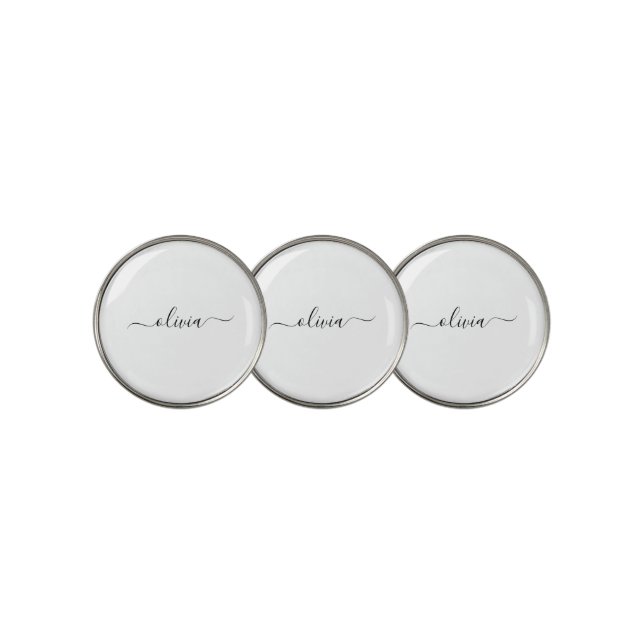 Black White Modern Script Girly Monogram Name Golf Ball Marker (3 Up)