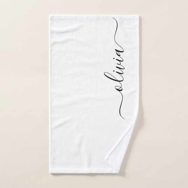 Black White Modern Script Girly Monogram Name Hand Towel (Hand Towel)