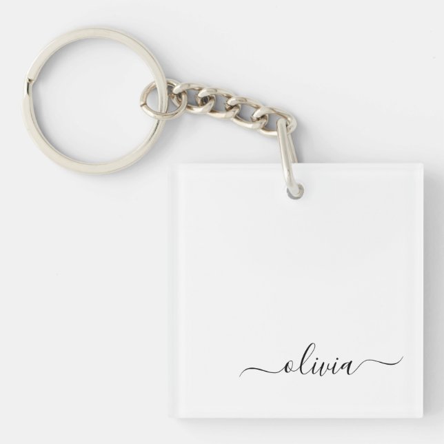 Black White Modern Script Girly Monogram Name Keychain (Front)