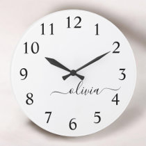 Black White Modern Script Girly Monogram Name Large Clock