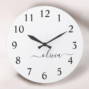 Black White Modern Script Girly Monogram Name Large Clock