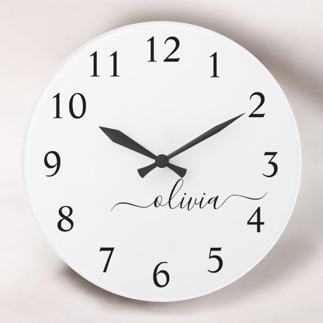 Black White Modern Script Girly Monogram Name Large Clock (Creator Uploaded)