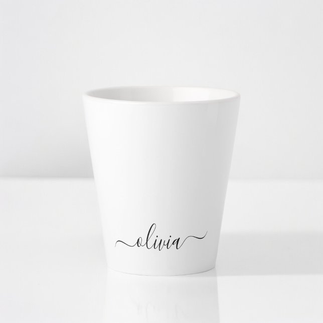 Black White Modern Script Girly Monogram Name Latte Mug (Creator Uploaded)