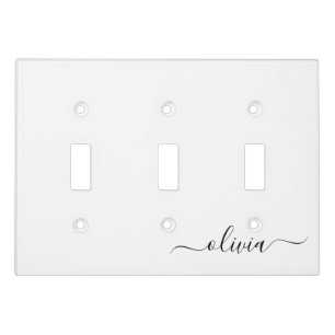 Black White Modern Script Girly Monogram Name Light Switch Cover