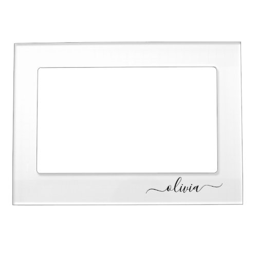 Black White Modern Script Girly Monogram Name Magnetic Frame