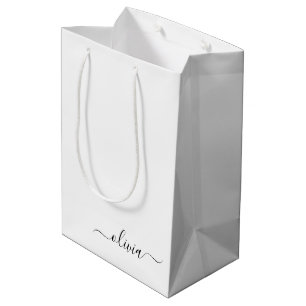 Black White Modern Script Girly Monogram Name Medium Gift Bag