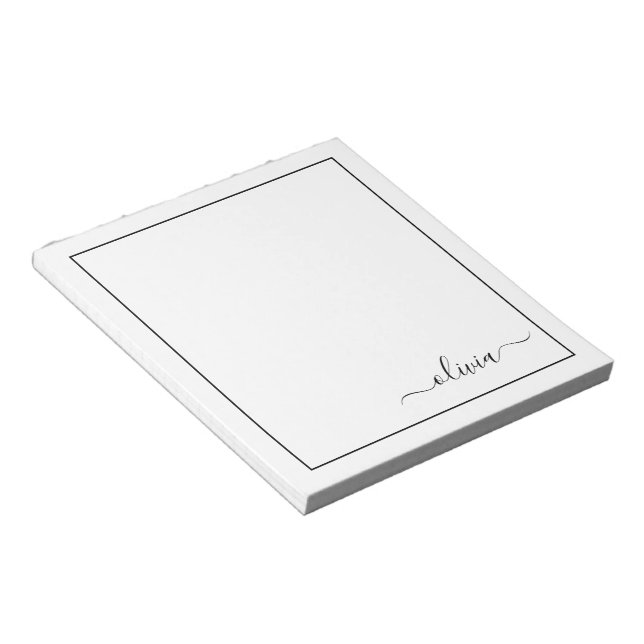 Black White Modern Script Girly Monogram Name Notepad (Angled)